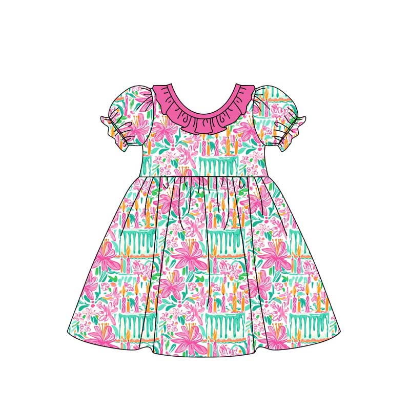 Short sleeves pink ruffle cake girls Happy Birthday dress