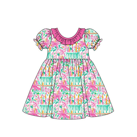 Short sleeves pink ruffle cake girls Happy Birthday dress