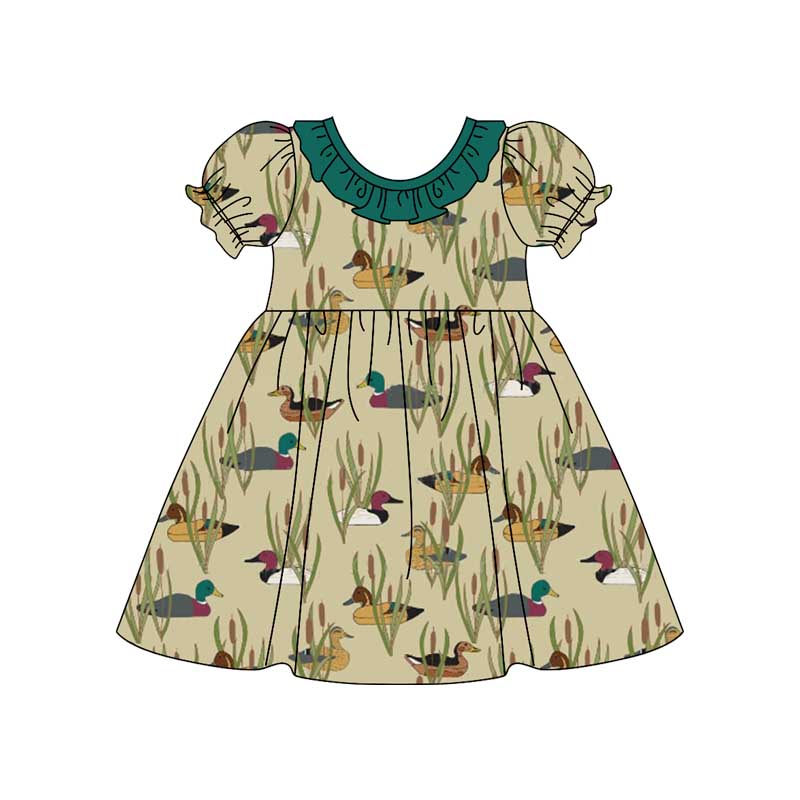 Short sleeves green ruffle duck hunting girls dresses