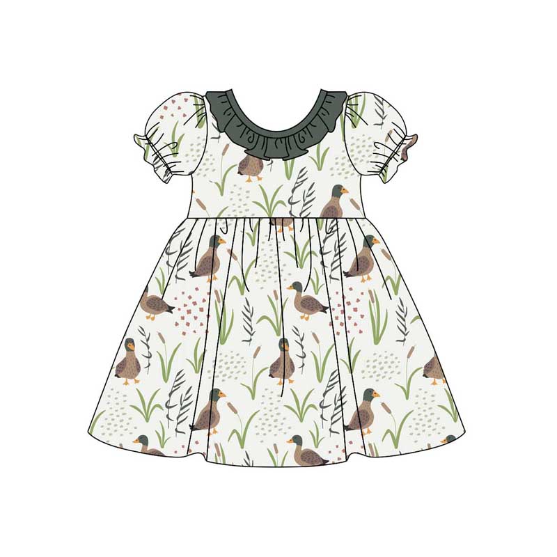 Short sleeves olive ruffle duck kids girls dresses