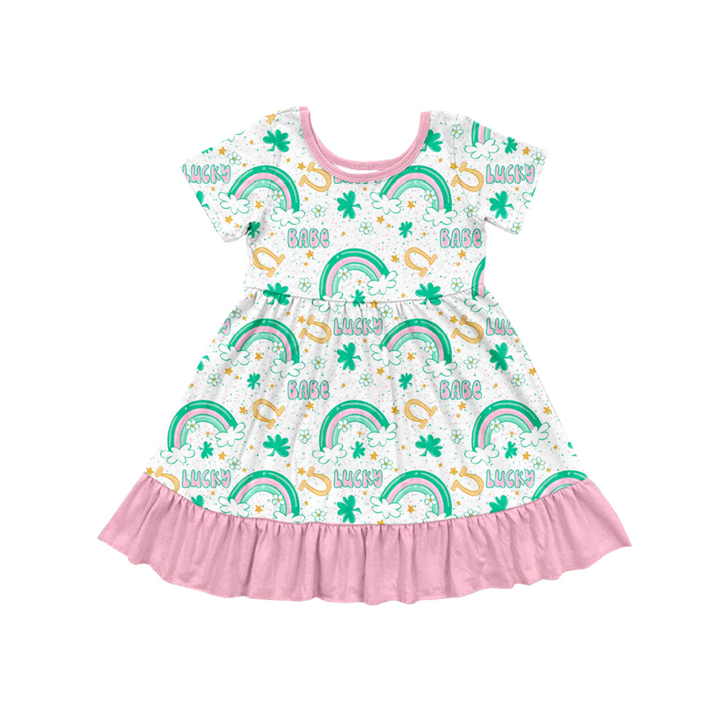 Pink short sleeves lucky babe rainbow girls St Patrick's dress