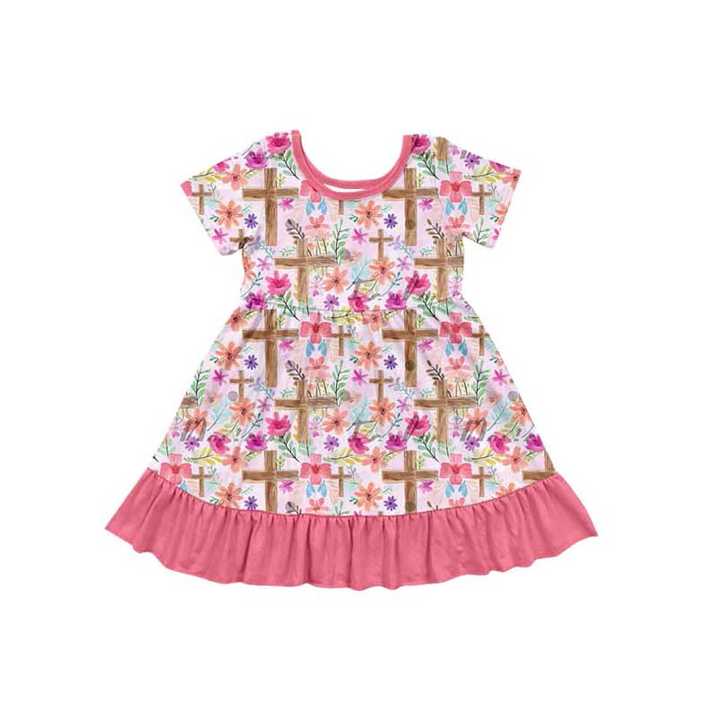 Pink short sleeves cross floral baby girls Easter dress