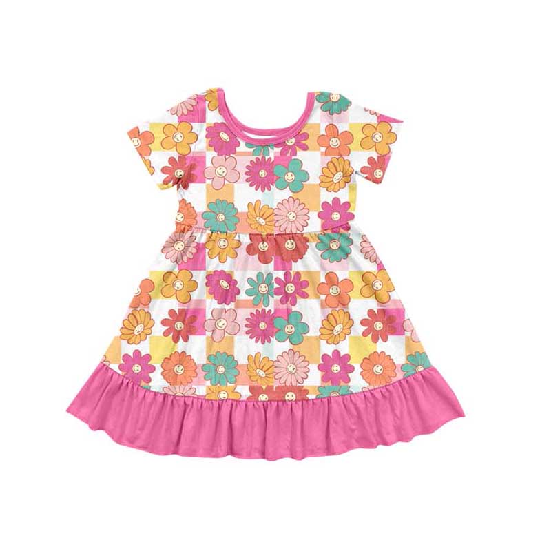 Pink short sleeves smile floral plaid girls ruffle dresses