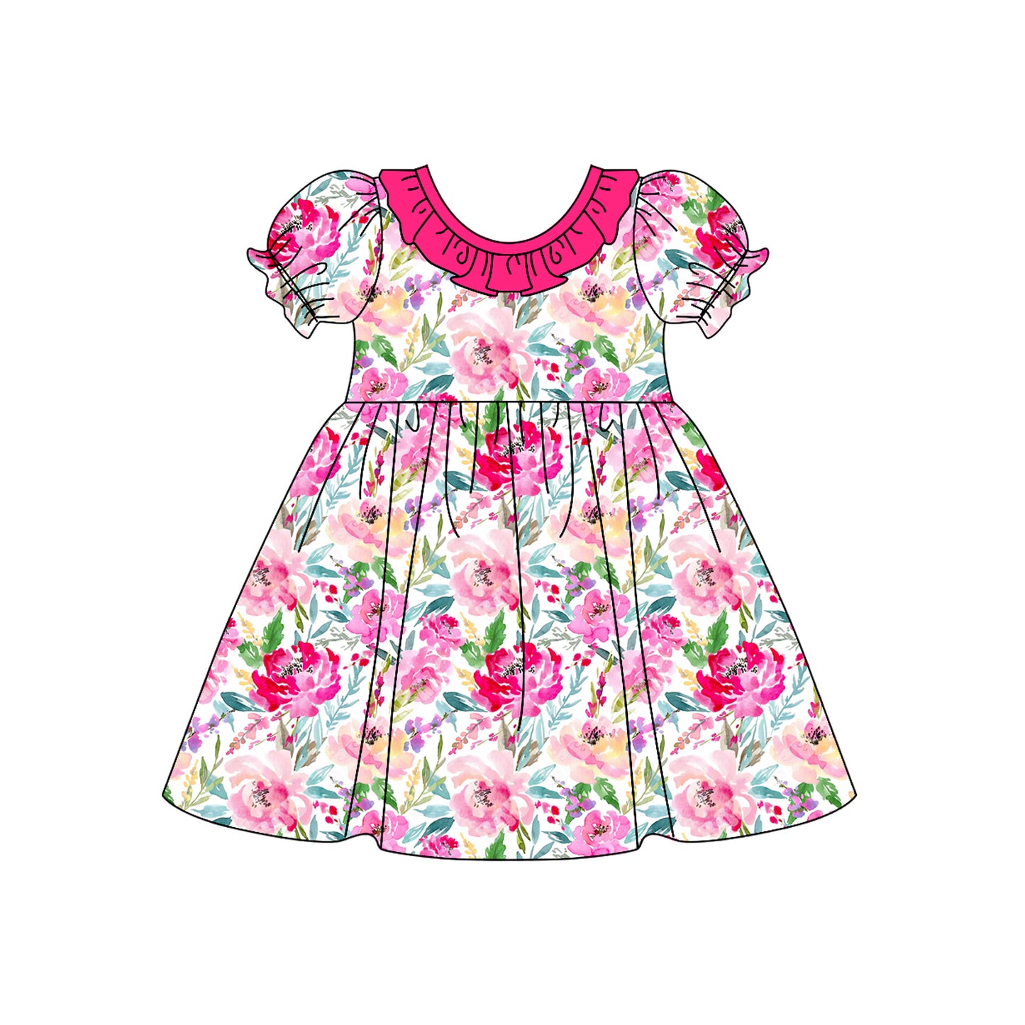 Hot pink ruffle floral kids girls spring summer dress