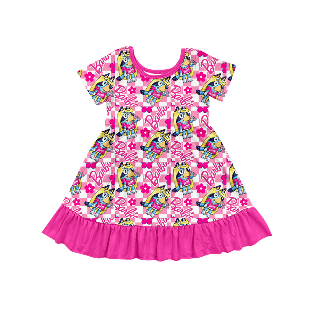 Hot pink ruffle plaid dog party girls summer dresses