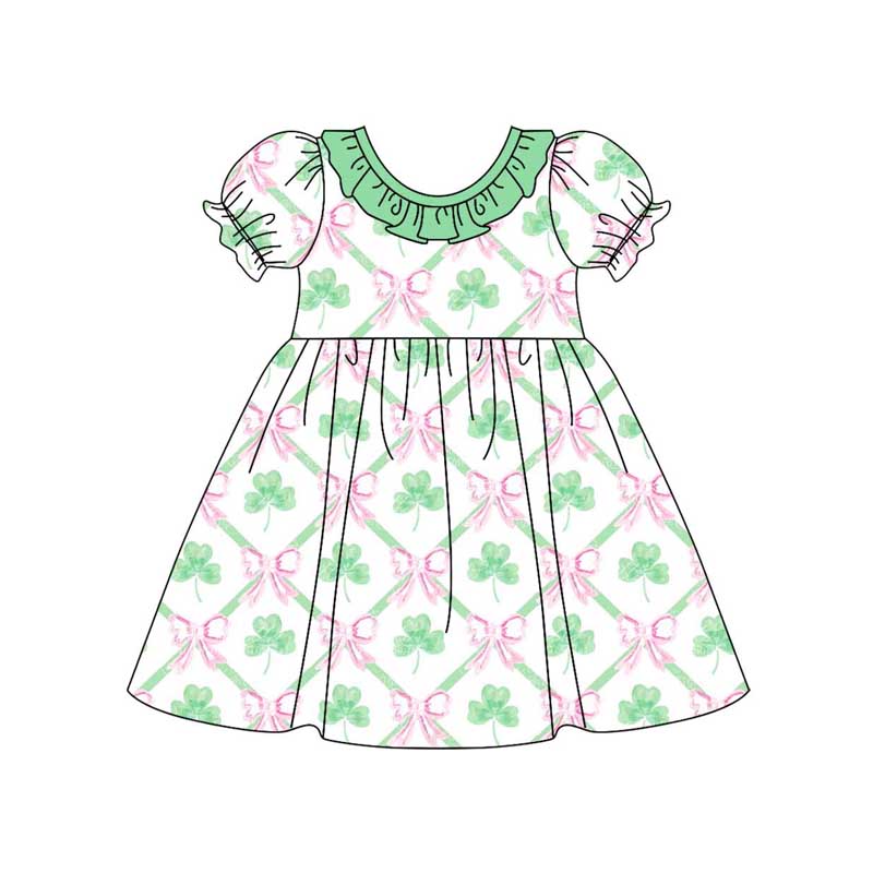 Short sleeves shamrock bow kids girls St Patrick's dresses