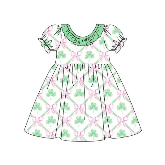 Short sleeves shamrock bow kids girls St Patrick's dresses