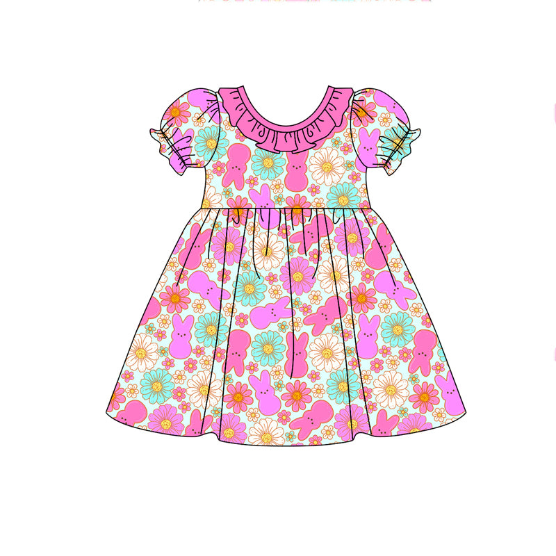 Short sleeves floral bunny groovy baby girls Easter dress