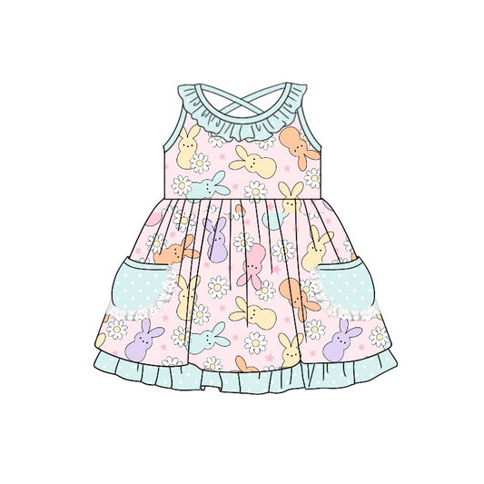 Sleeveless bunny floral pockets girls Easter dresses