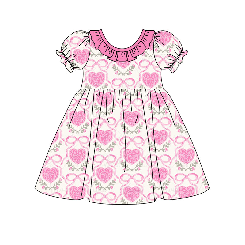 Short sleeves heart pink bow floral baby girls valentine's dress