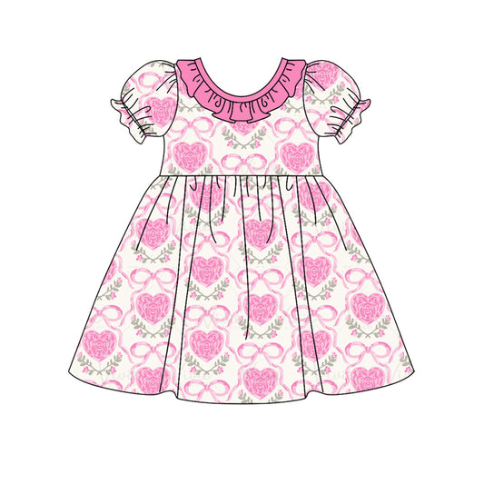 Short sleeves heart pink bow floral baby girls valentine's dress