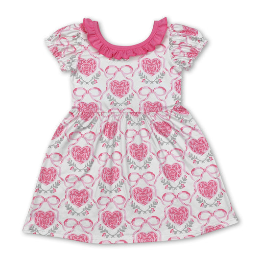 Short sleeves heart pink bow floral baby girls valentine's dress