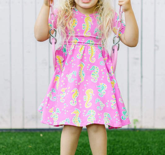 Pink short sleeves seahorse kids girls summer dresses