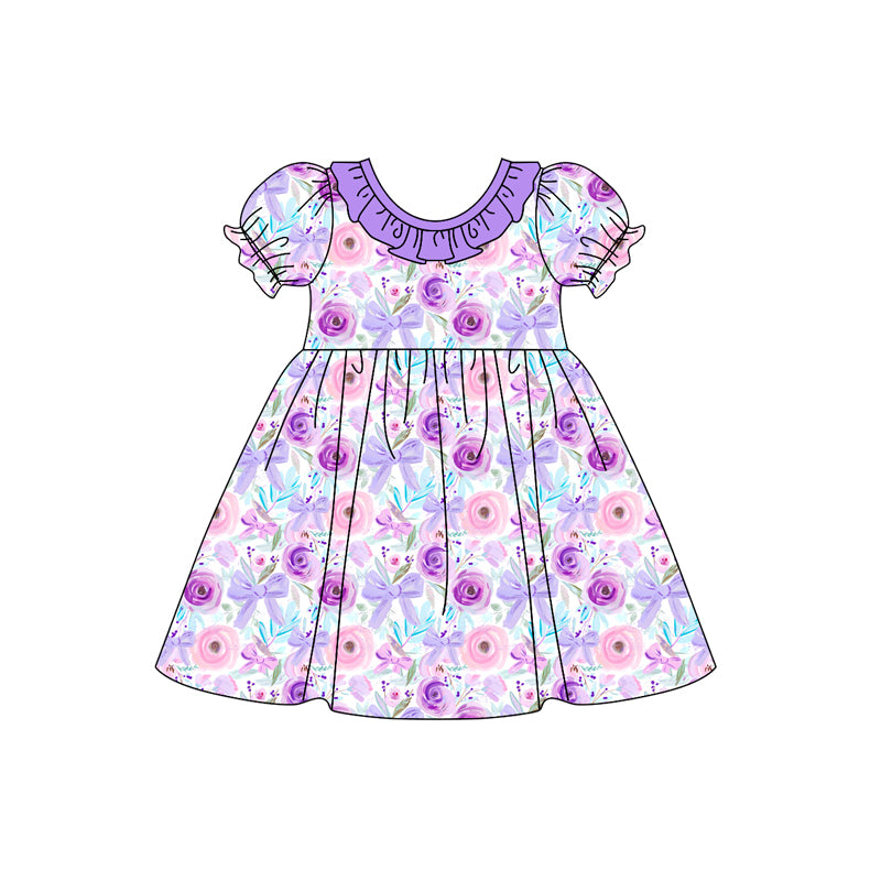 Lavender bow floral ruffle short sleeves girls dresses