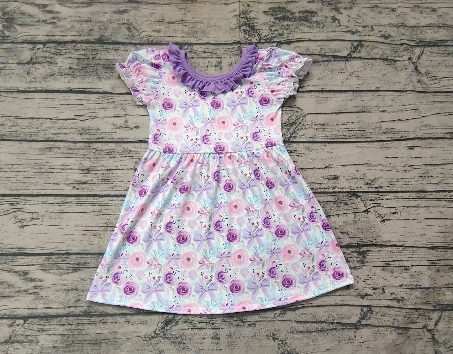 Lavender bow floral ruffle short sleeves girls dresses