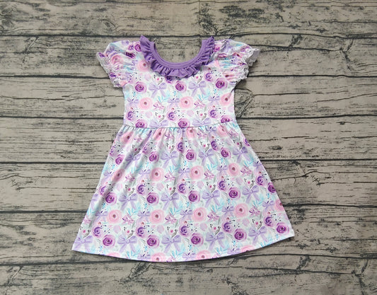 Lavender bow floral ruffle short sleeves girls dresses