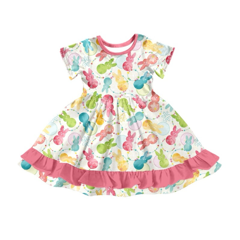 Short sleeves colorful bunny ruffle baby girls Easter dress