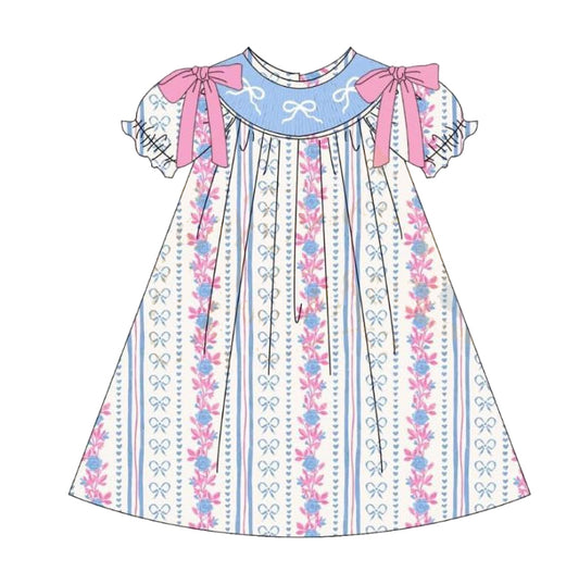 Short sleeves stripe floral light blue bow baby girls dress