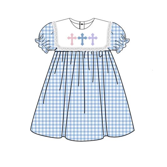 Light blue plaid cross baby girls Easter dresses