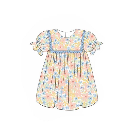 Light blue ruffle short sleeves floral baby girls dress