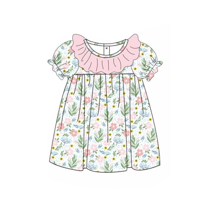 Pink ruffle short sleeves floral baby girls dresses