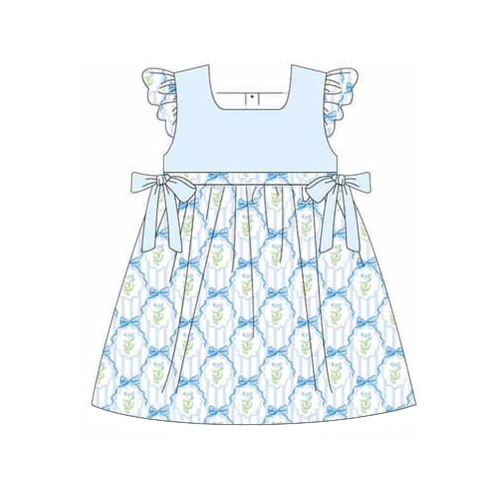 Light blue floral stripe bow baby girls dresses