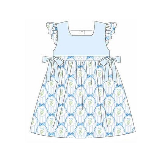 Light blue floral stripe bow baby girls dresses