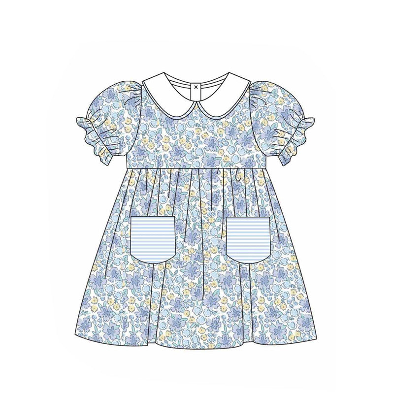 Short sleeves floral stripe pockets baby girls dresses