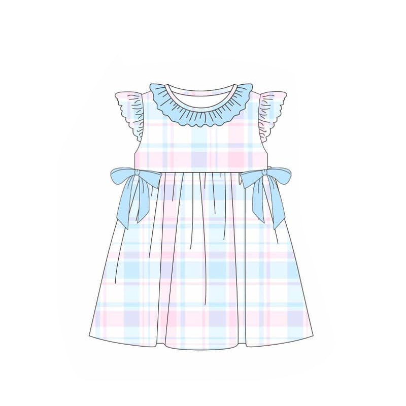 Pink light blue plaid flutter sleeves baby girls dresses