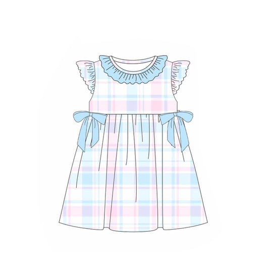 Pink light blue plaid flutter sleeves baby girls dresses