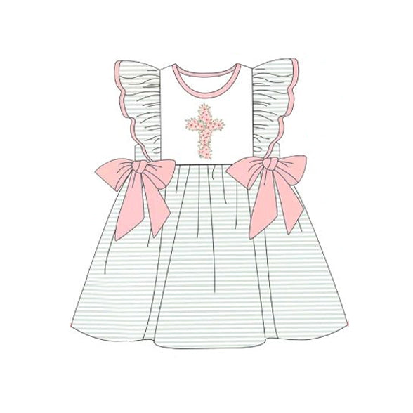 Flutter sleeves stripe bow cross baby girls Easter dresses