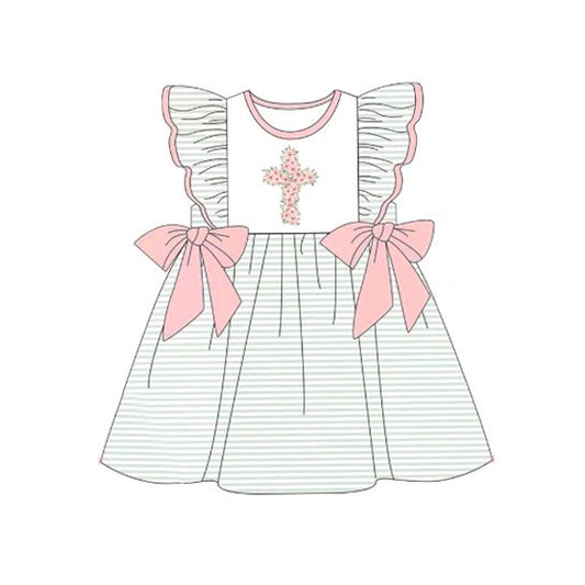 Flutter sleeves stripe bow cross baby girls Easter dresses