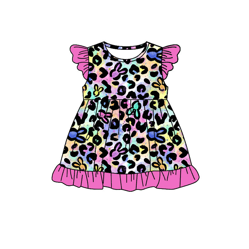 Flutter sleeves leopard bunny kids girls Easter dresses