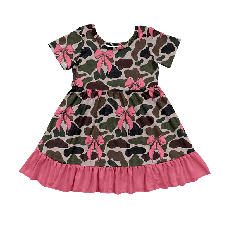 Short sleeves pink bow camo ruffle kids girls dresses