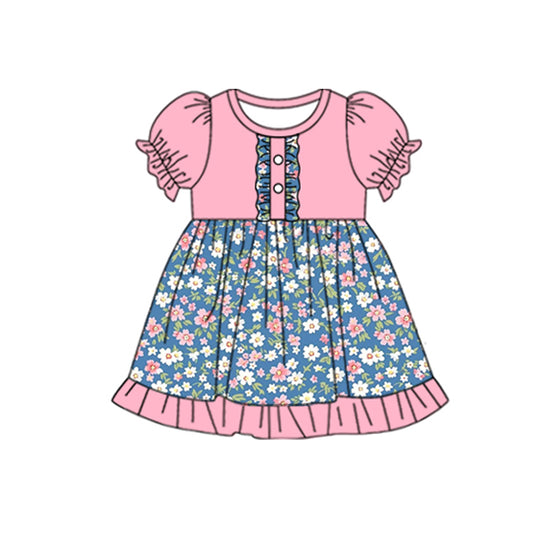 Pink short sleeves floral ruffle baby girls dresses