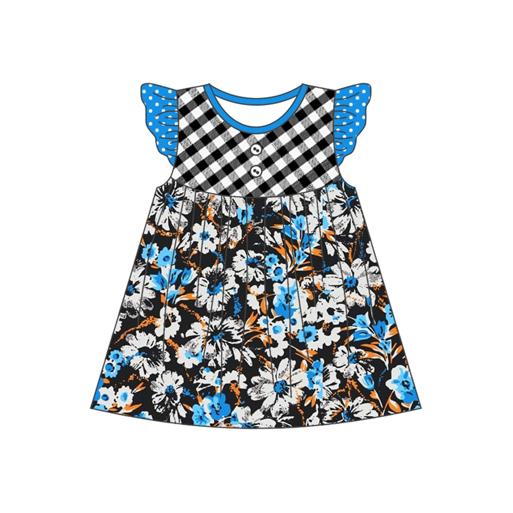 Blue polka dots flutter sleeves floral baby girls dresses