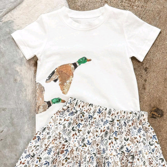 Short sleeves duck top floral skirt kids girls clothes