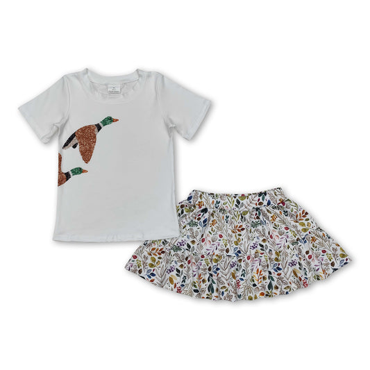 Short sleeves duck top floral skirt kids girls clothes