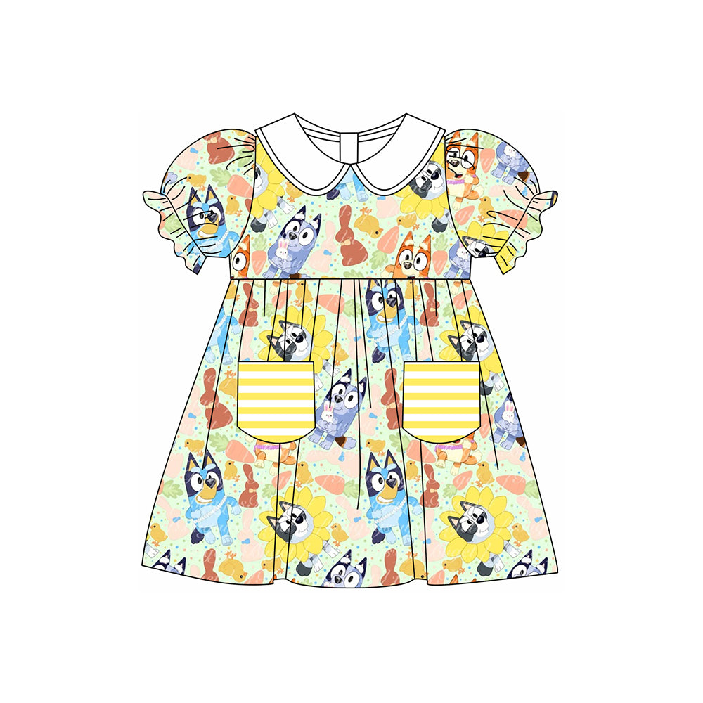 Short sleeves dog bunny eggs kids girls Easter dresses