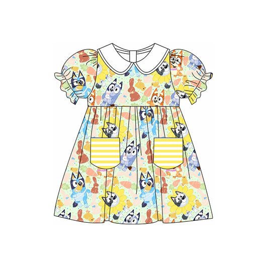 Short sleeves dog bunny eggs kids girls Easter dresses