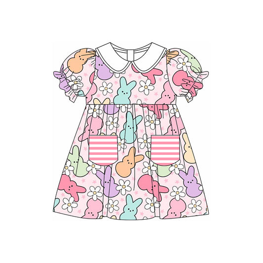 Short sleeves bunny floral baby girls Easter dresses