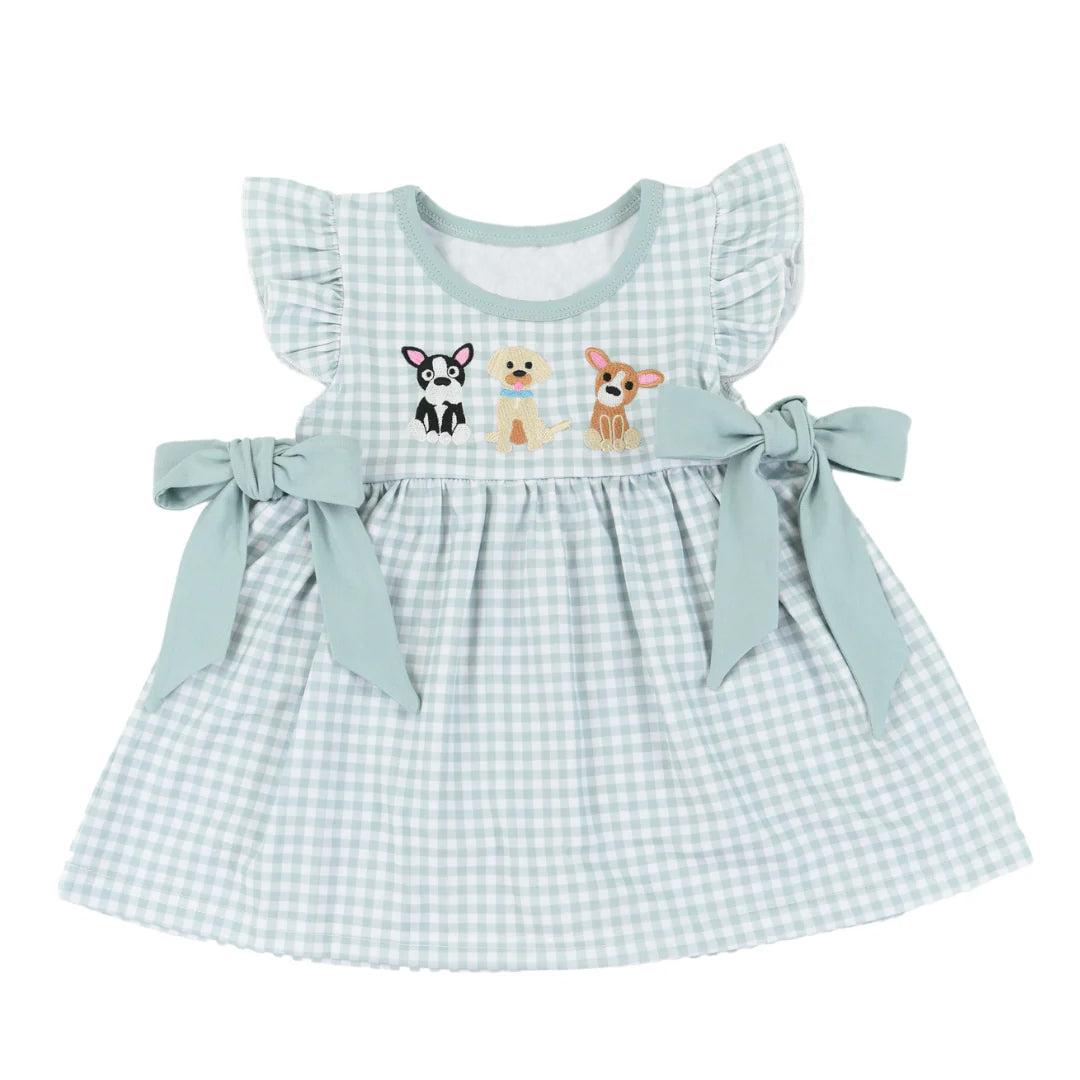 Flutter sleeves plaid dog kids girls dresses