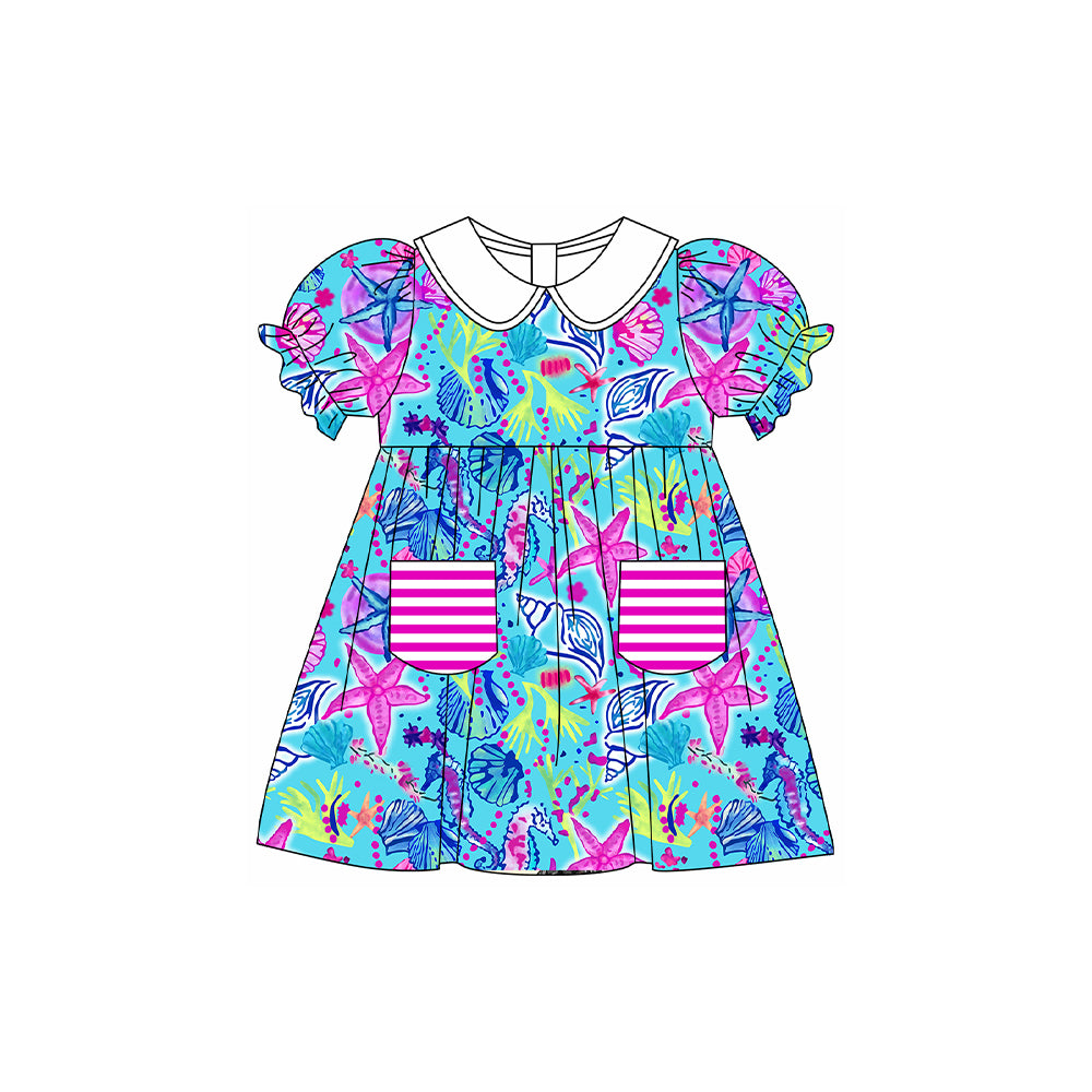 Short sleeves starfish seahorse kids girls summer dress