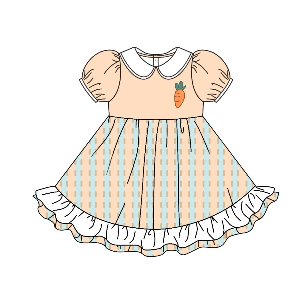 Short sleeves carrot stripe ruffle kids girls Easter dresses