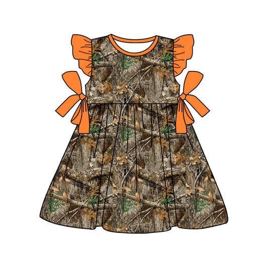 Orange flutter sleeves bow camo baby girls dresses