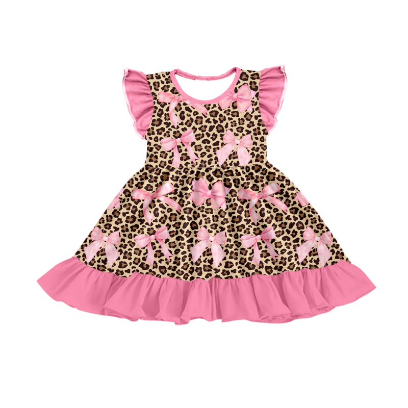 Flutter sleeves pink bow leopard baby girls dresses