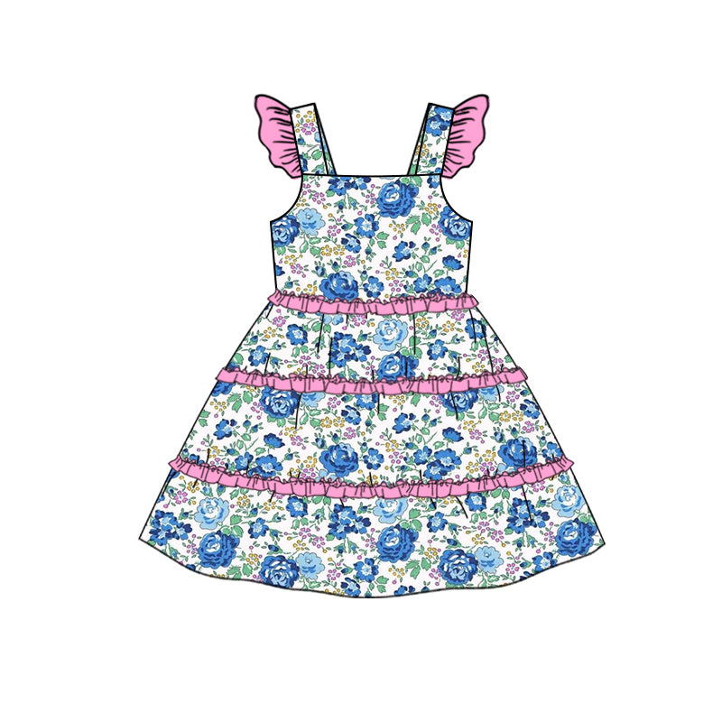 Flutter sleeves blue floral ruffle baby girls dresses