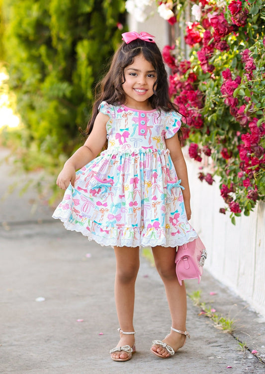 Flutter sleeves colorful bow ruffle baby girls dresses