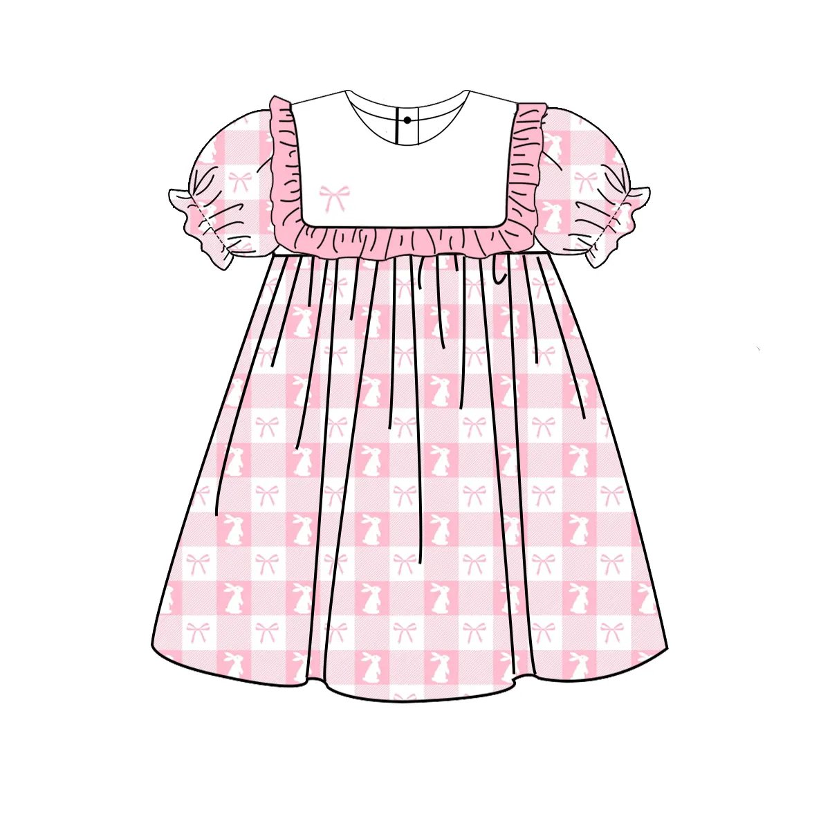 Short sleeves pink bow bunny baby girls Easter dress