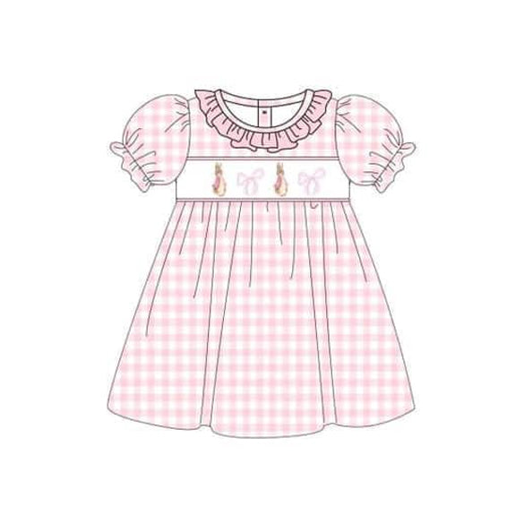 Short sleeves pink plaid rabbit bow baby girls Easter dress